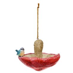Red Resin Mushroom Bird Feeder with Blue Tit