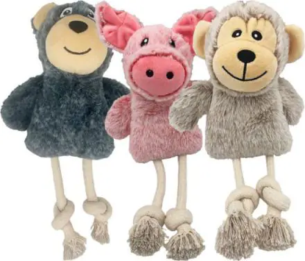 Hem and Boo Animals with rope legs & squeaky ball Dog Toy Mixed