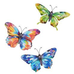 Set of 3 Small Metal Butterfly Wall Art - Pink, Yellow & Blue