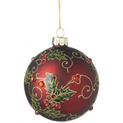 Bauble: Red Glass Bauble With Holly Design 8cm