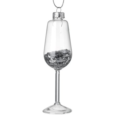 Bauble: Champagne Glass Glitter Hanger,12cm