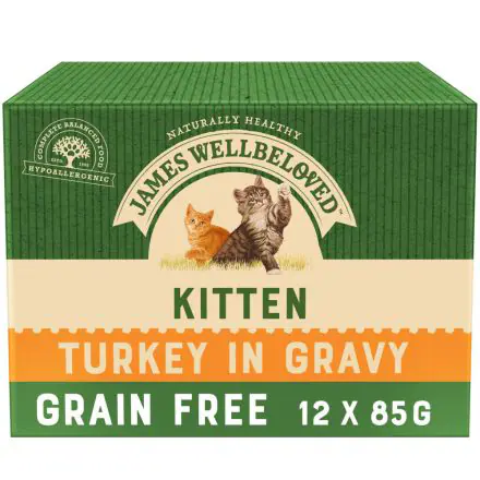 James Wellbeloved Grain Free Kitten Cat Food Pouches Turkey in Gravy 12pk - 85g