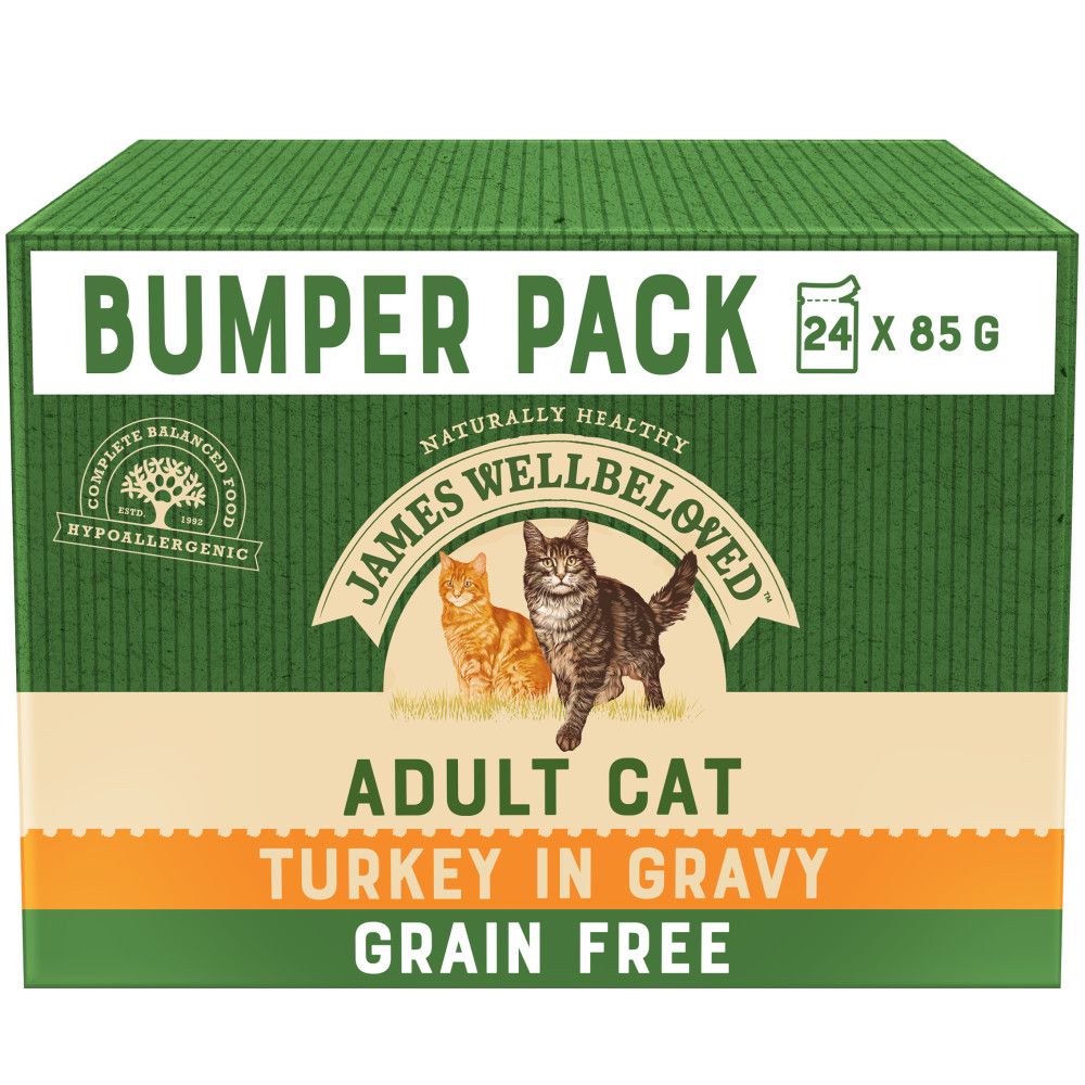 JAMES WELLBELOVED BUMPER PACK Adult Cat Grain Free Pouches with Turkey in Gravy 24x85g - 85g