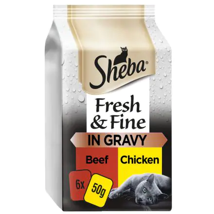 Sheba Fresh & Fine Wet Cat Food Pouches Beef & Chicken in Gravy 6 x 50g - 50g