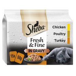 Sheba Fresh & Fine Wet Cat Food Pouches Poultry in Gravy 15 x 50g - 50g