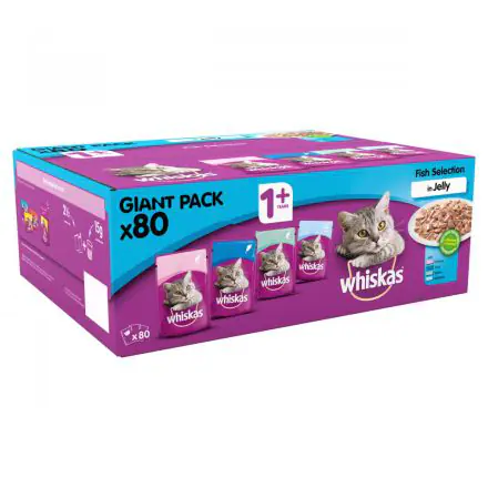 WHISKAS 1+ Cat Pouches Fish Selection in Jelly 80x100g Pack - 100g