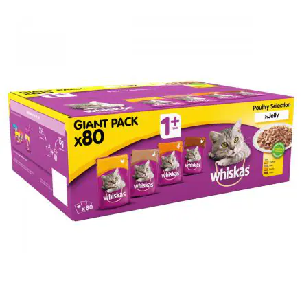 WHISKAS 1+ Cat Pouches Poultry Selection in Jelly 80x100g Pack - 100g