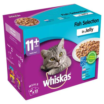 WHISKAS 11+ Cat Pouches Fish Selection in Jelly 12x100g pk - 100g