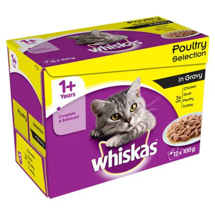 Whiskas 1+ Cat Pouches Poultry Selection in Gravy 12 Pack - 100g