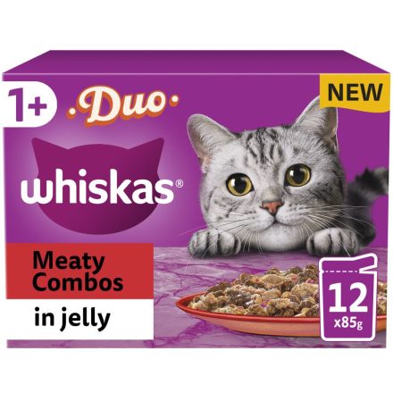Whiskas 1+ Duo Meaty Combos Adult Wet Cat Food Pouches in Jelly 12pk - 85g, case of 4