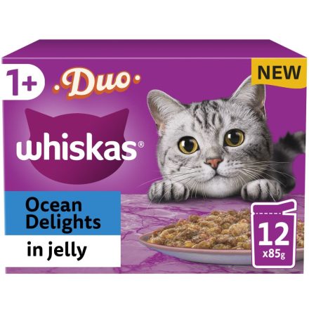 Whiskas 1+ Duo Ocean Delights Adult Wet Cat Food Pouches in Jelly 12pk - 85g, case of 4