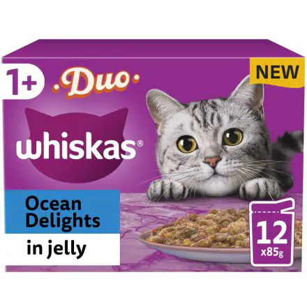 Whiskas 1+ Duo Ocean Delights Adult Wet Cat Food Pouches in Jelly 12pk - 85g, case of 4