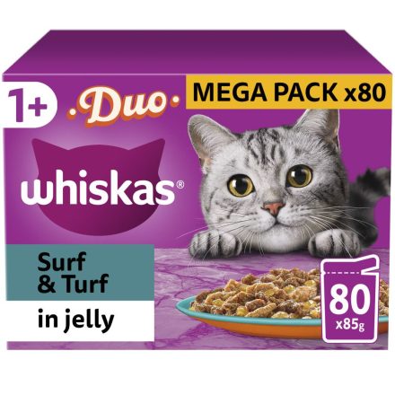 Whiskas 1+ Duo Surf and Turf Adult Wet Cat Food Pouches in Jelly 80pk - 85g
