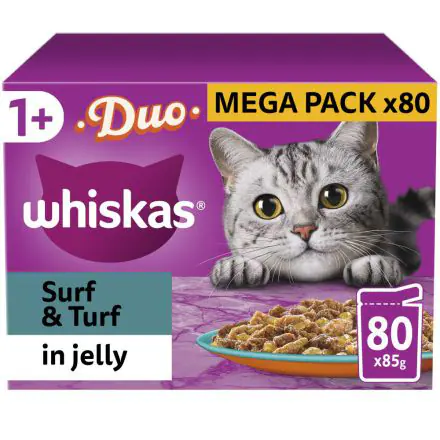 Whiskas 1+ Duo Surf and Turf Adult Wet Cat Food Pouches in Jelly 80pk - 85g