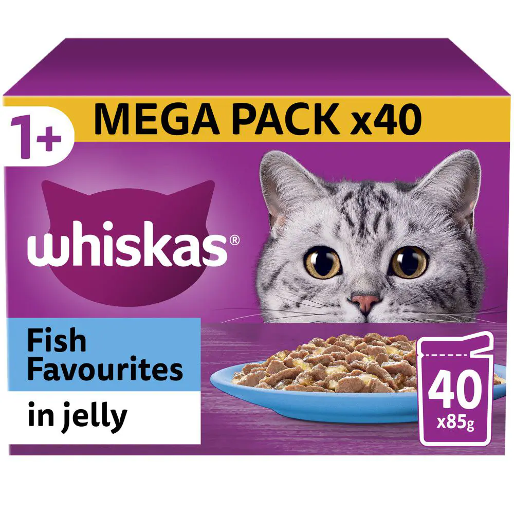 Whiskas 1+ Fish Favourites Adult Wet Cat Food Pouches in Jelly 40pk - 85g