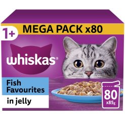 Whiskas 1+ Fish Favourites Adult Wet Cat Food Pouches in Jelly 80PK - 85g