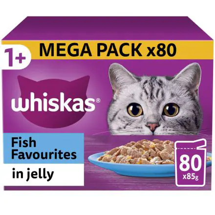 Whiskas 1+ Fish Favourites Adult Wet Cat Food Pouches in Jelly 80PK - 85g