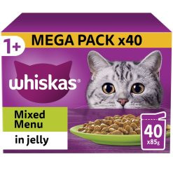 Whiskas 1+ Mixed Menu Adult Wet Cat Food Pouches in Jelly 40pk - 85g