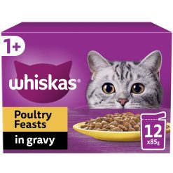 Whiskas 1+ Poultry Feasts Adult Wet Cat Food Pouches in Gravy 12pk - 85g, case of 4
