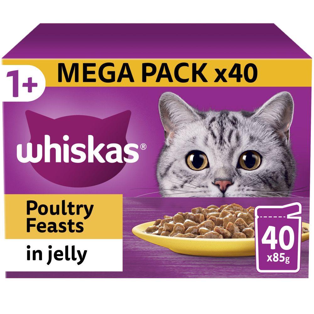 Whiskas 1+ Poultry Feasts Adult Wet Cat Food Pouches in Jelly 40pk - 85g