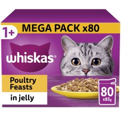 Whiskas 1+ Poultry Feasts Adult Wet Cat Food Pouches in Jelly 80PK - 85g