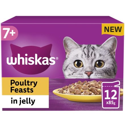 Whiskas 7+ Poultry Feasts Senior Wet Cat Food Pouches in Jelly 12pk - 85g, case of 4