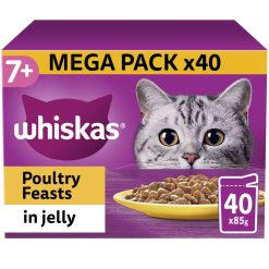 Whiskas 7+ Poultry Feasts Senior Wet Cat Food Pouches in Jelly 40pk - 85g