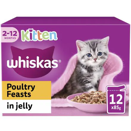 Whiskas Kitten Poultry Feasts Wet Cat Food Pouches in Jelly 12pk - 85g, case of 4